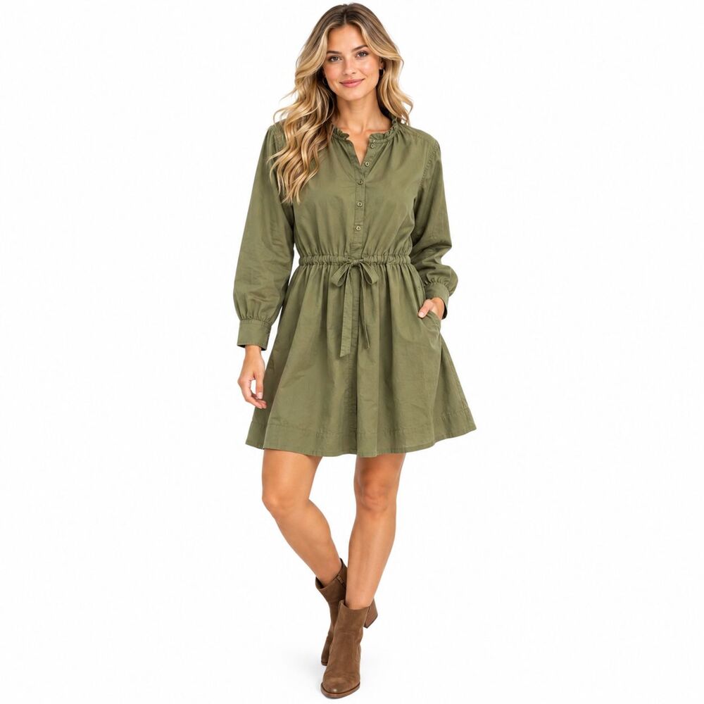 Free Assembly Womens L Olive Green Cotton Ruffle Neck Long Sleeve Dress